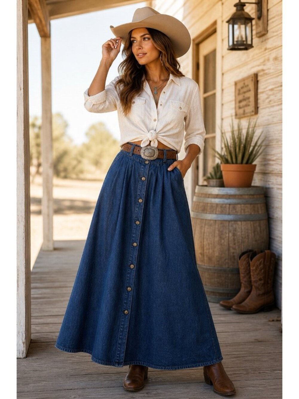 Vintage Denim Maxi Skirt USA Button Front Pleated High Waist Western Size 10
